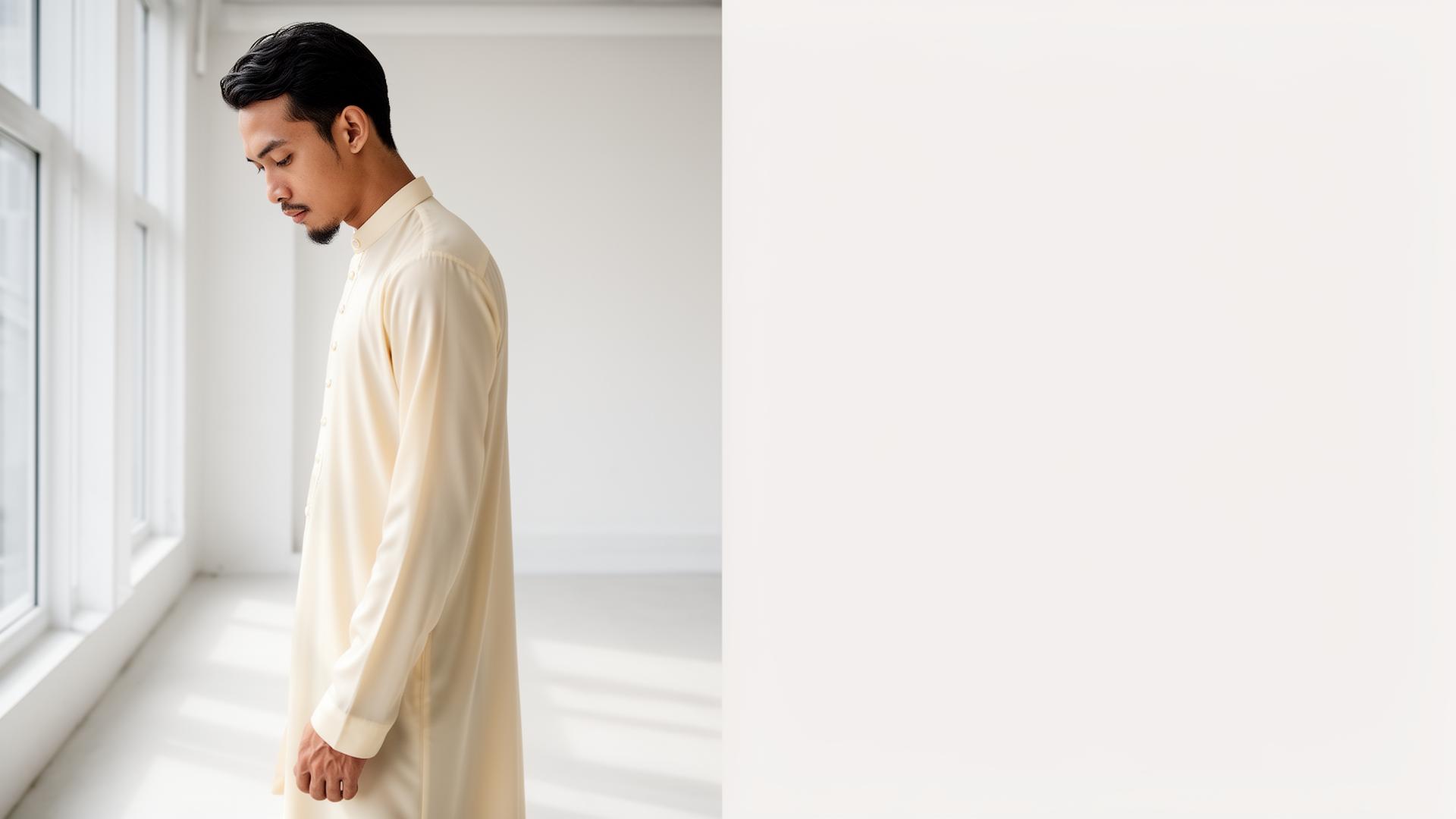 Model wearing cream gamis in minimalist white space